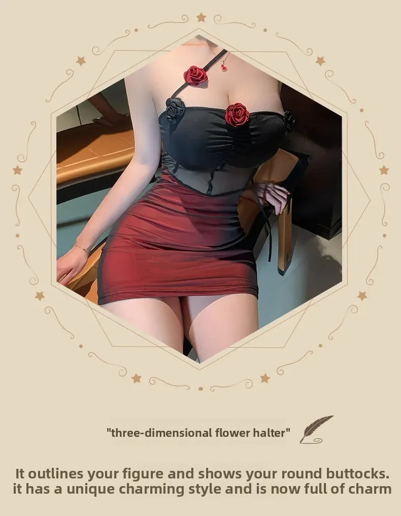 Sexy Lingerie Dark Style Spicy Girl See through Mesh 3D Flower Hanging Neck Sexy Backless Slimming Bodycon Skirt Nightgown