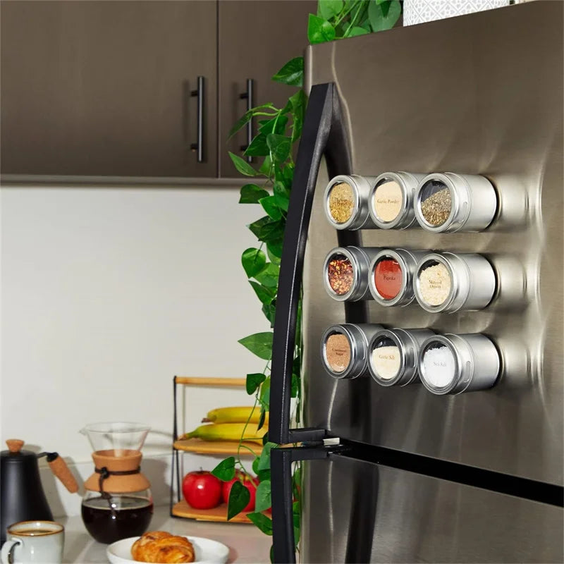 New Magnetic Spice Jar Set Stainless Steel Spice Tins Spice Storage Container Pepper Seasoning Sprays Tools with Spice Label