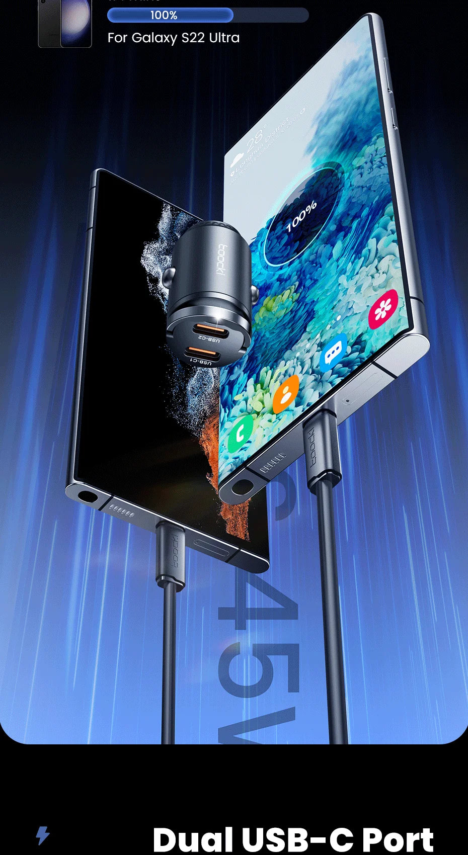 Toocki Mini PD 45W Car Charger Pull Ring Fast Charging USB C Phone Charger Adapter For iPhone 14 13 Pro Xiaomi Samsung Huawei