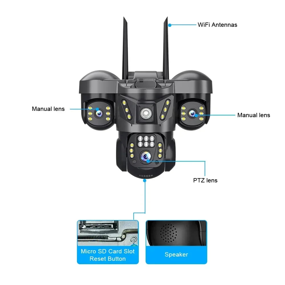 8K 15MP Three Screen WIFI Camera Three Lens Cameras Outdoor Waterproof Human Detection Color Night Vision 10X Zoom Security Cam