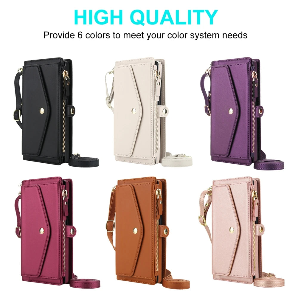 2 in 1 Lanyard Zipper Leather Wallet Case for Samsung Galaxy S25 Ultra Edge S24 Plus S23 + FE S22 S21 S20 Purse Phone Cover
