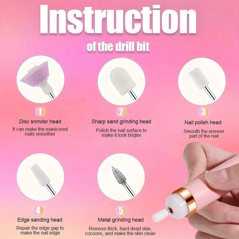 YIKOOLIN Portable Nail File Care Set LED Light Adjustable 4 Speed with 12 Attachment Drill Bits USB Charge Home Use