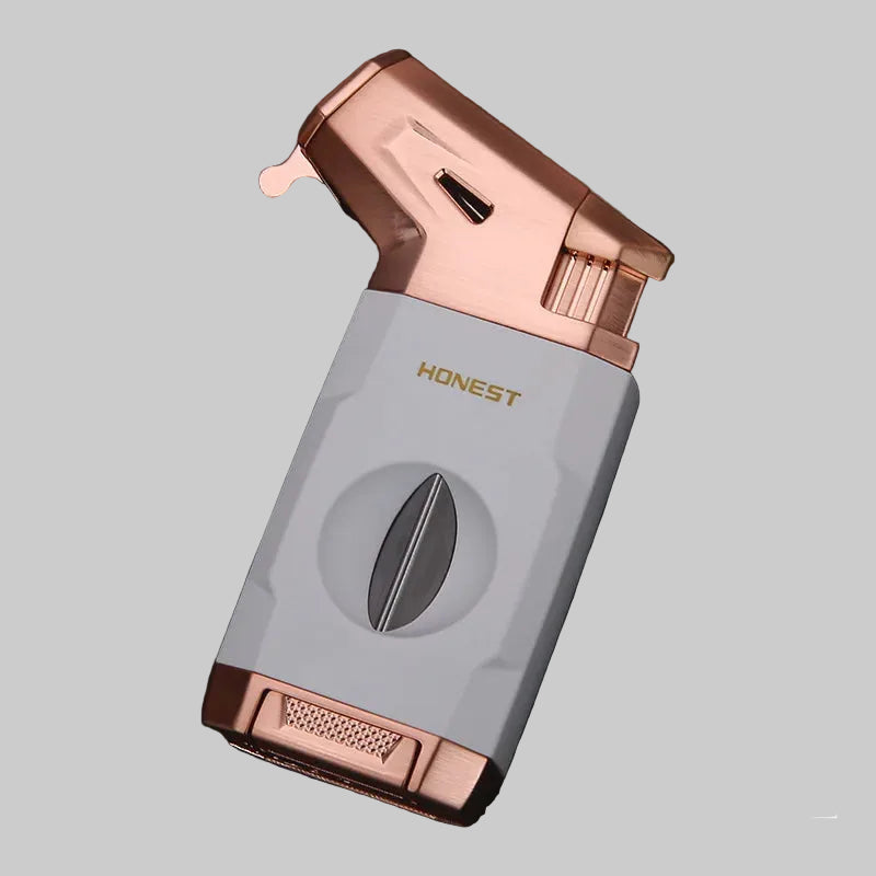 New Metal Cigar Lighter with V-shaped Knife Vintage Windroof Dual Nozzle Flame Butane Gas Inflation Torch Smoking Accessories