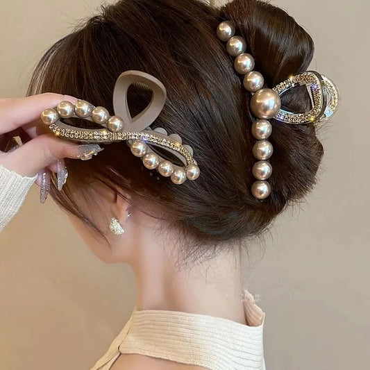 New 2024 Korean Champagne Color High-end Imitation Pearl Rhinestone Large Fashionable Girl's Back Hair Clip