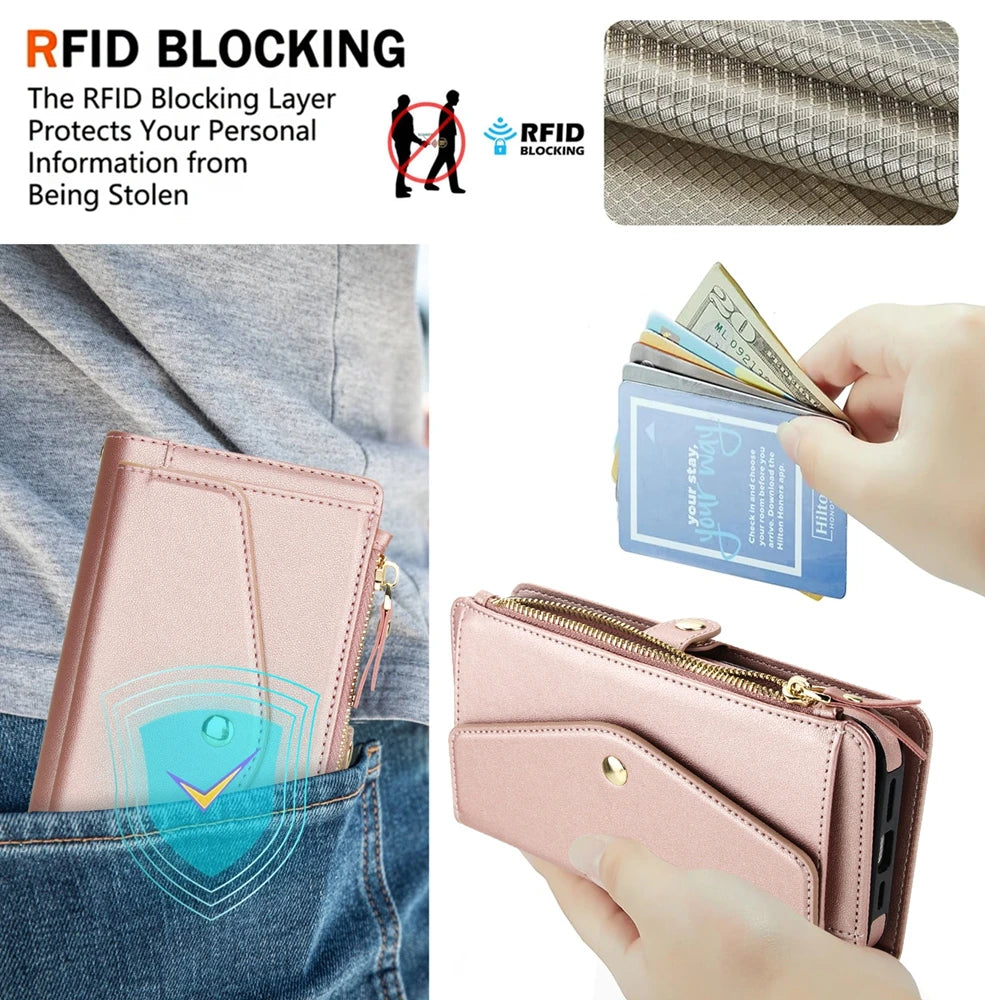 2 in 1 Lanyard Zipper Leather Wallet Case for Samsung Galaxy S25 Ultra Edge S24 Plus S23 + FE S22 S21 S20 Purse Phone Cover