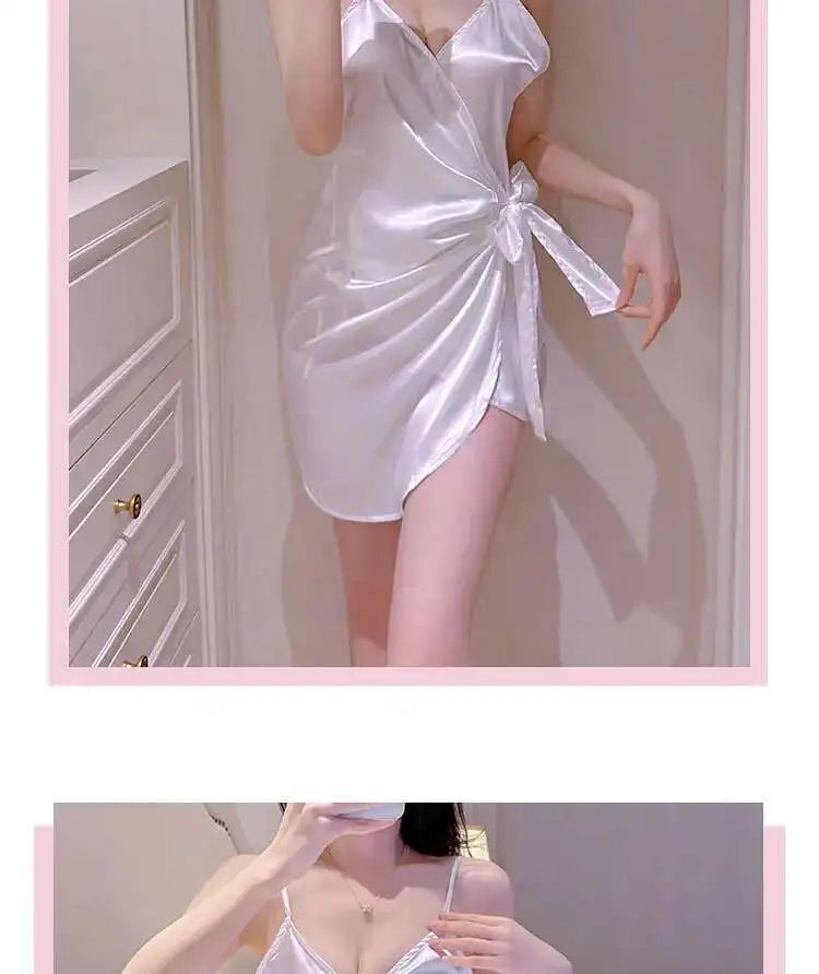 White Bow Mini Tank Dress Sweet Fashion Korean Women V Neck 2023 New Lingerie Uniform Ice Silk Robe Dress Elegant LOQ4